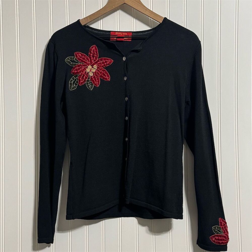 Vtg Northern Isles‎ M Poinsettia Cardigan Coquette Embroidered Holiday 2004